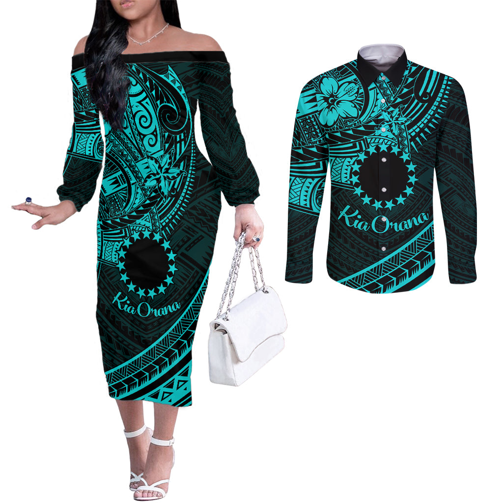 Kia Orana Cook Islands Couples Matching Off The Shoulder Long Sleeve Dress and Long Sleeve Button Shirt Circle Stars With Floral Turquoise Pattern LT01 Turquoise - Polynesian Pride