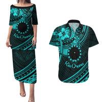 Kia Orana Cook Islands Couples Matching Puletasi Dress and Hawaiian Shirt Circle Stars With Floral Turquoise Pattern LT01 Turquoise - Polynesian Pride