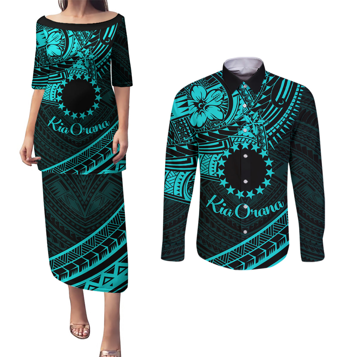 Kia Orana Cook Islands Couples Matching Puletasi Dress and Long Sleeve Button Shirt Circle Stars With Floral Turquoise Pattern LT01 Turquoise - Polynesian Pride