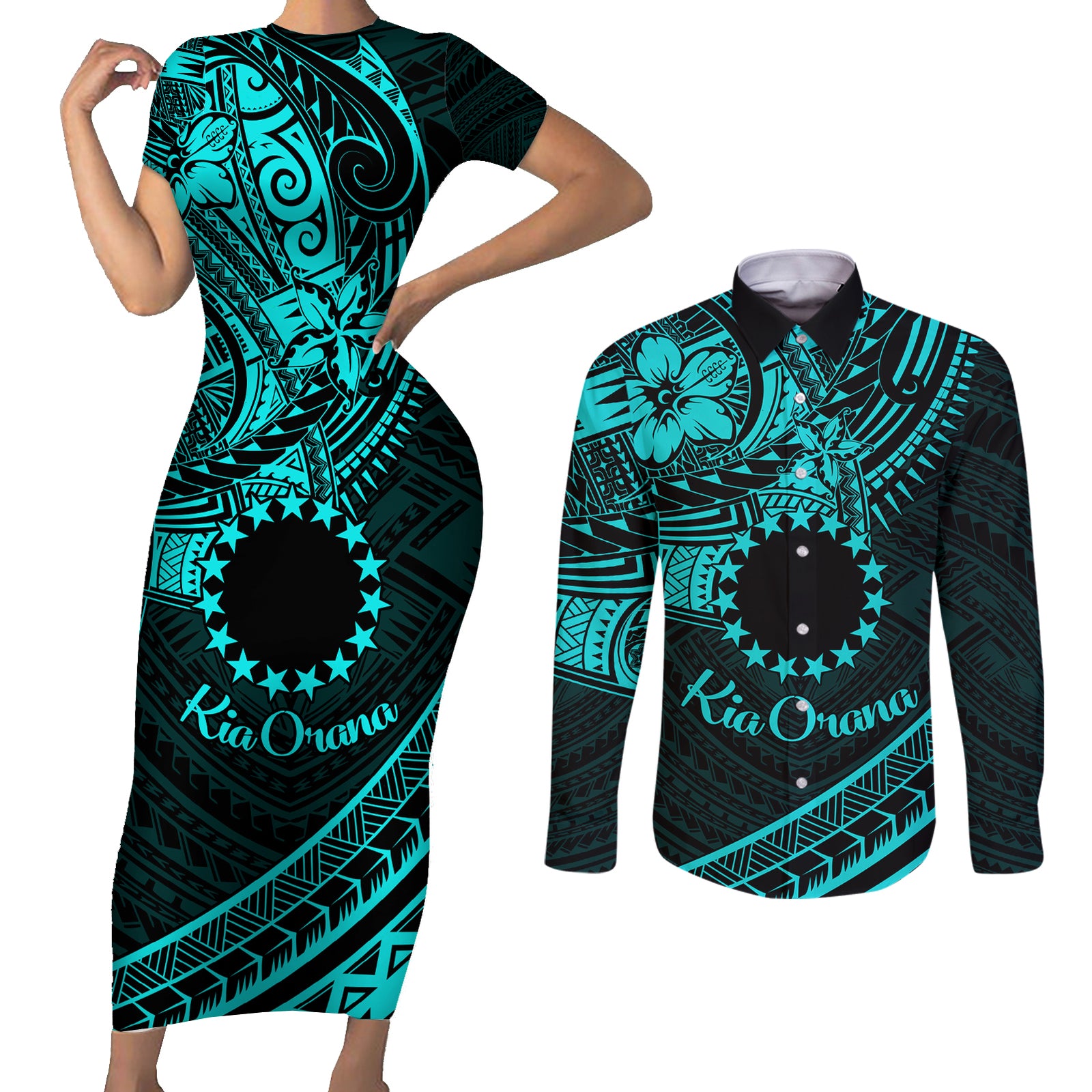 Kia Orana Cook Islands Couples Matching Short Sleeve Bodycon Dress and Long Sleeve Button Shirt Circle Stars With Floral Turquoise Pattern LT01 Turquoise - Polynesian Pride