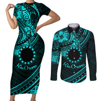 Kia Orana Cook Islands Couples Matching Short Sleeve Bodycon Dress and Long Sleeve Button Shirt Circle Stars With Floral Turquoise Pattern LT01 Turquoise - Polynesian Pride