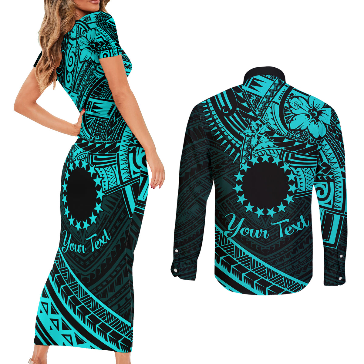 Kia Orana Cook Islands Couples Matching Short Sleeve Bodycon Dress and Long Sleeve Button Shirt Circle Stars With Floral Turquoise Pattern LT01 - Polynesian Pride