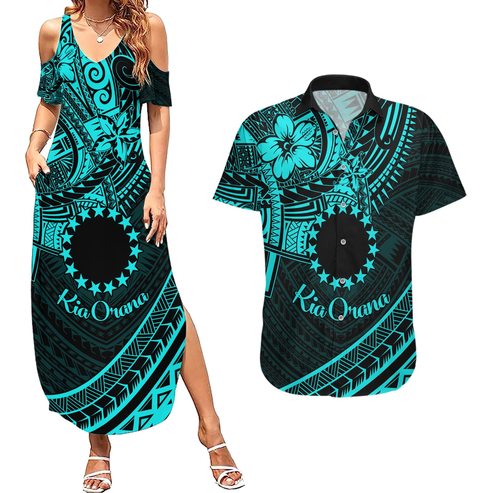 Kia Orana Cook Islands Couples Matching Summer Maxi Dress and Hawaiian Shirt Circle Stars With Floral Turquoise Pattern LT01 Turquoise - Polynesian Pride