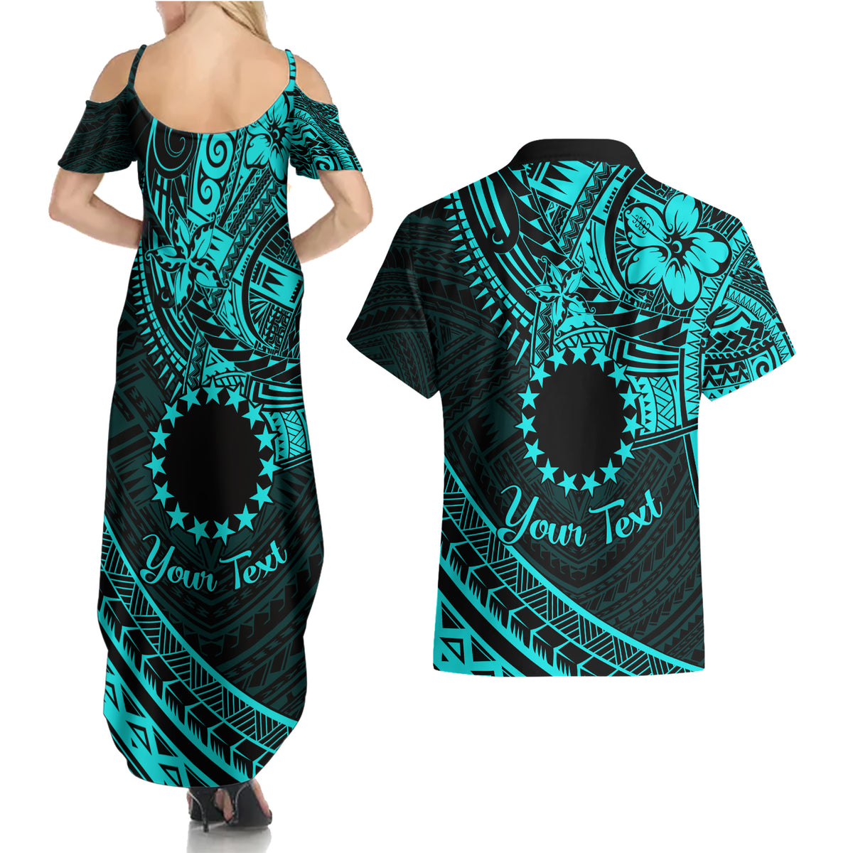 Kia Orana Cook Islands Couples Matching Summer Maxi Dress and Hawaiian Shirt Circle Stars With Floral Turquoise Pattern LT01 - Polynesian Pride