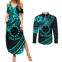 Kia Orana Cook Islands Couples Matching Summer Maxi Dress and Long Sleeve Button Shirt Circle Stars With Floral Turquoise Pattern LT01 Turquoise - Polynesian Pride