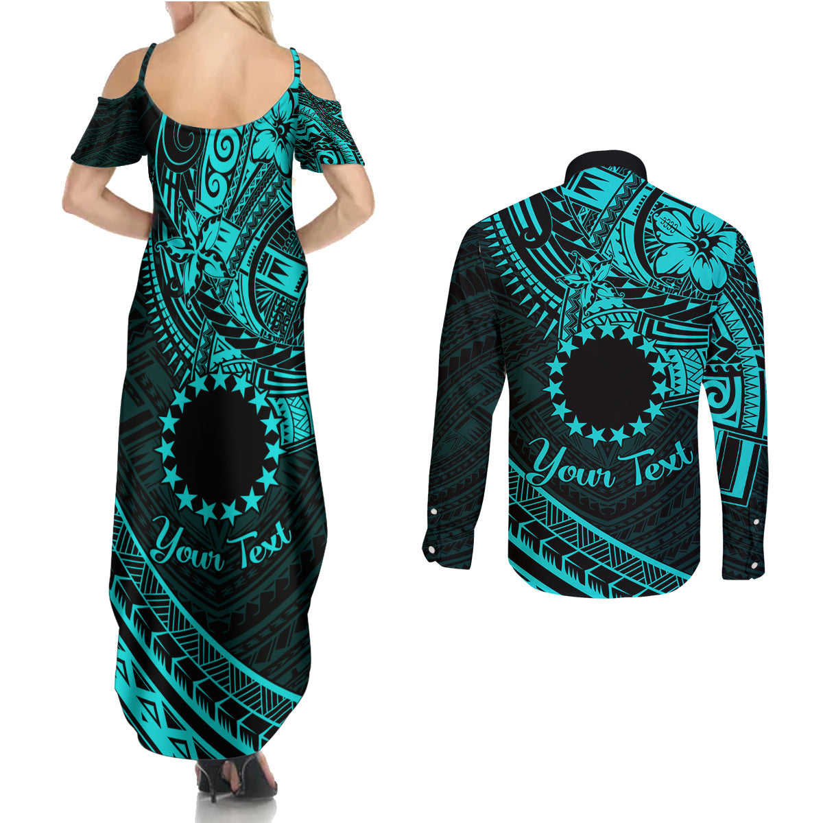Kia Orana Cook Islands Couples Matching Summer Maxi Dress and Long Sleeve Button Shirt Circle Stars With Floral Turquoise Pattern LT01 - Polynesian Pride