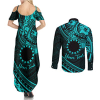 Kia Orana Cook Islands Couples Matching Summer Maxi Dress and Long Sleeve Button Shirt Circle Stars With Floral Turquoise Pattern LT01 - Polynesian Pride