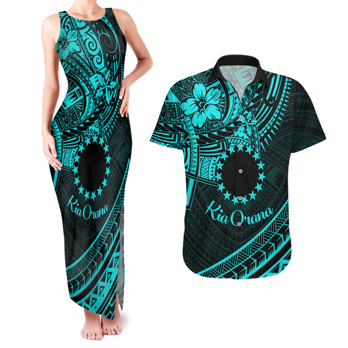 Kia Orana Cook Islands Couples Matching Tank Maxi Dress and Hawaiian Shirt Circle Stars With Floral Turquoise Pattern LT01 Turquoise - Polynesian Pride