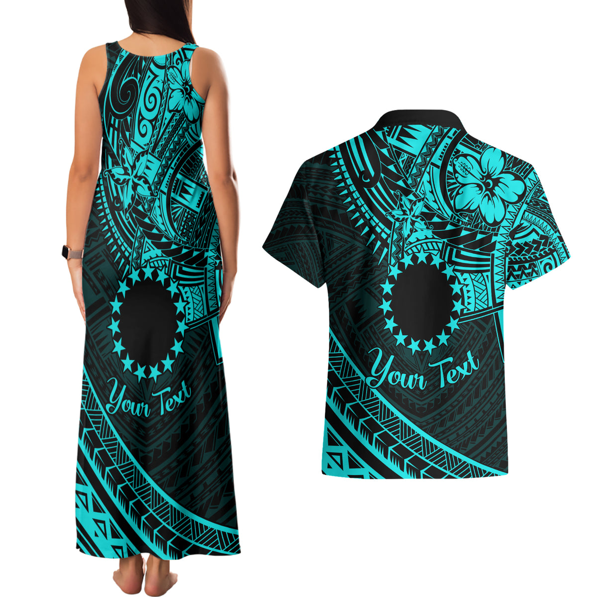 Kia Orana Cook Islands Couples Matching Tank Maxi Dress and Hawaiian Shirt Circle Stars With Floral Turquoise Pattern LT01 - Polynesian Pride