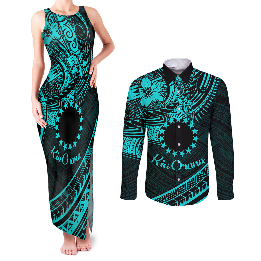 Kia Orana Cook Islands Couples Matching Tank Maxi Dress and Long Sleeve Button Shirt Circle Stars With Floral Turquoise Pattern LT01 Turquoise - Polynesian Pride