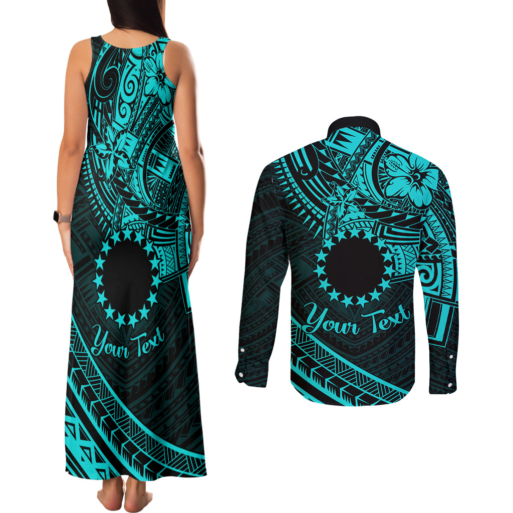 Kia Orana Cook Islands Couples Matching Tank Maxi Dress and Long Sleeve Button Shirt Circle Stars With Floral Turquoise Pattern LT01 - Polynesian Pride