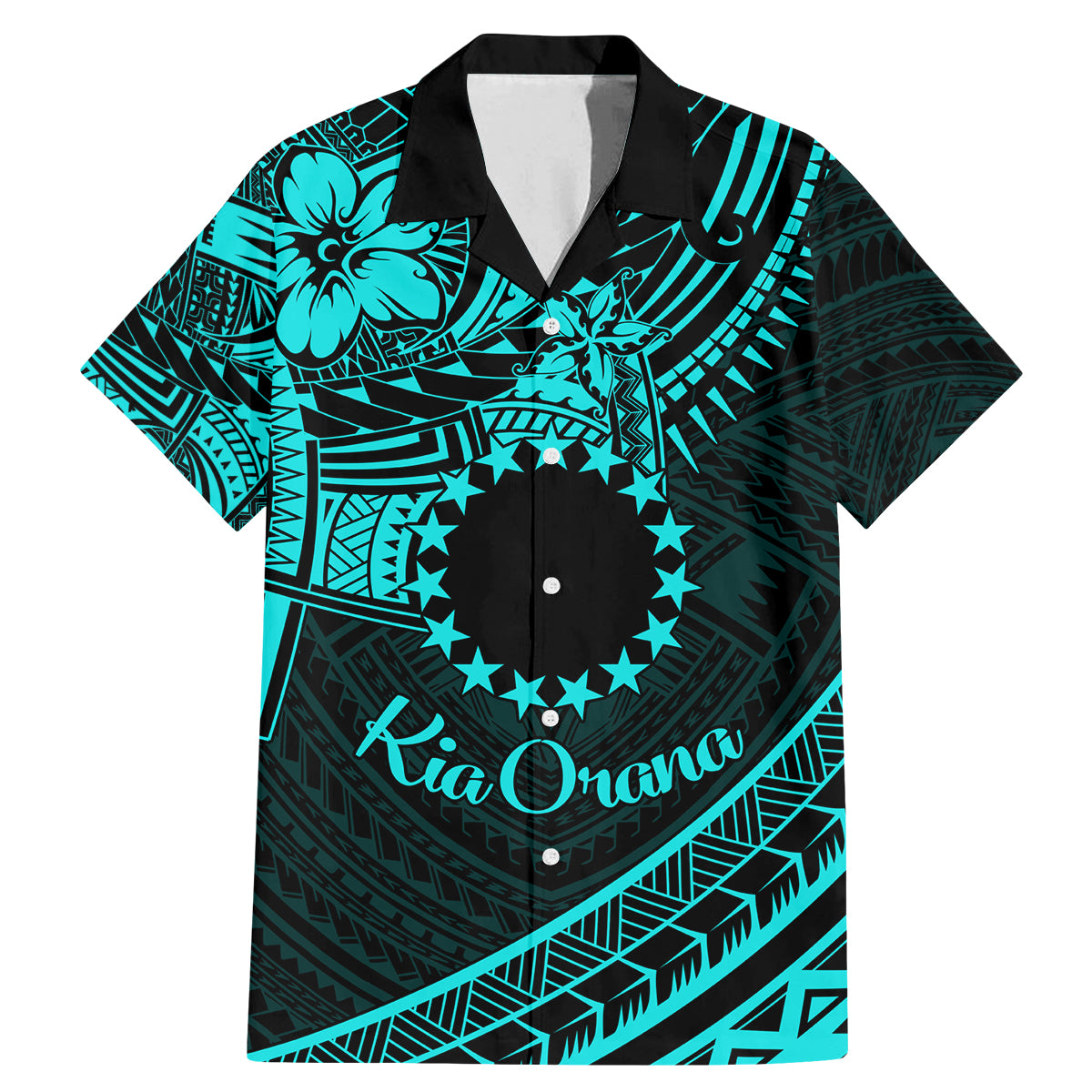 Kia Orana Cook Islands Family Matching Mermaid Dress and Hawaiian Shirt Circle Stars With Floral Turquoise Pattern LT01 Dad's Shirt - Short Sleeve Turquoise - Polynesian Pride