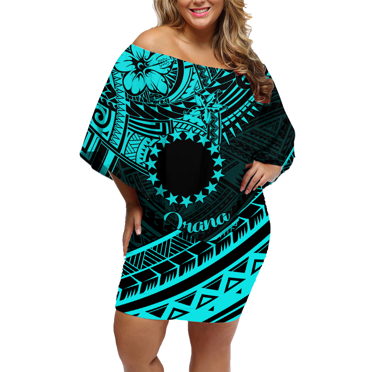 Kia Orana Cook Islands Family Matching Off Shoulder Short Dress and Hawaiian Shirt Circle Stars With Floral Turquoise Pattern LT01 Mom's Dress Turquoise - Polynesian Pride