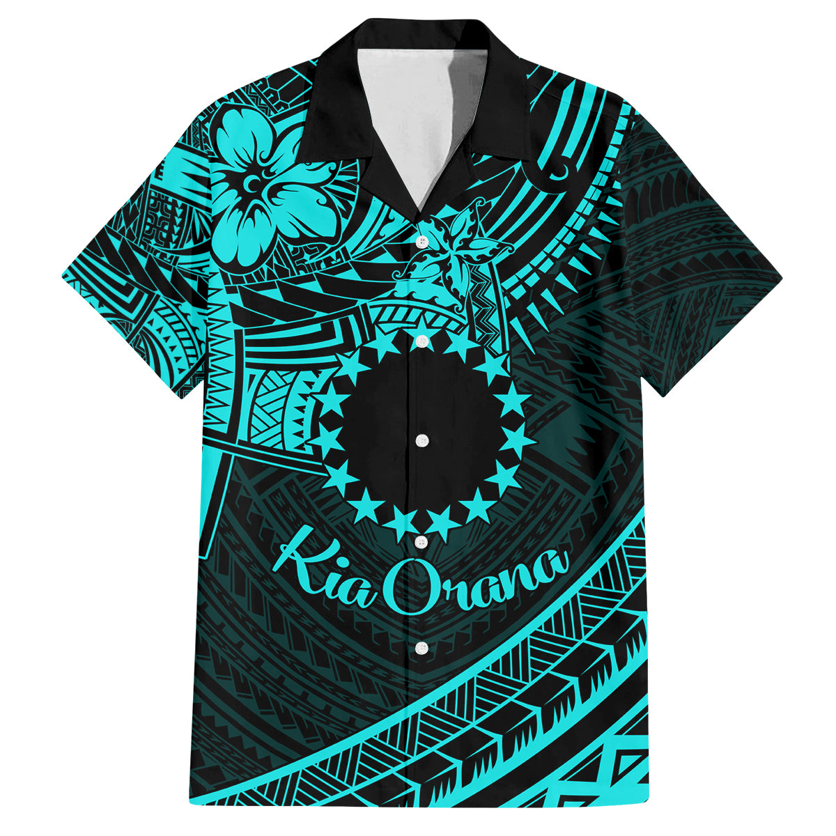 Kia Orana Cook Islands Family Matching Puletasi Dress and Hawaiian Shirt Circle Stars With Floral Turquoise Pattern LT01 Dad's Shirt - Short Sleeve Turquoise - Polynesian Pride