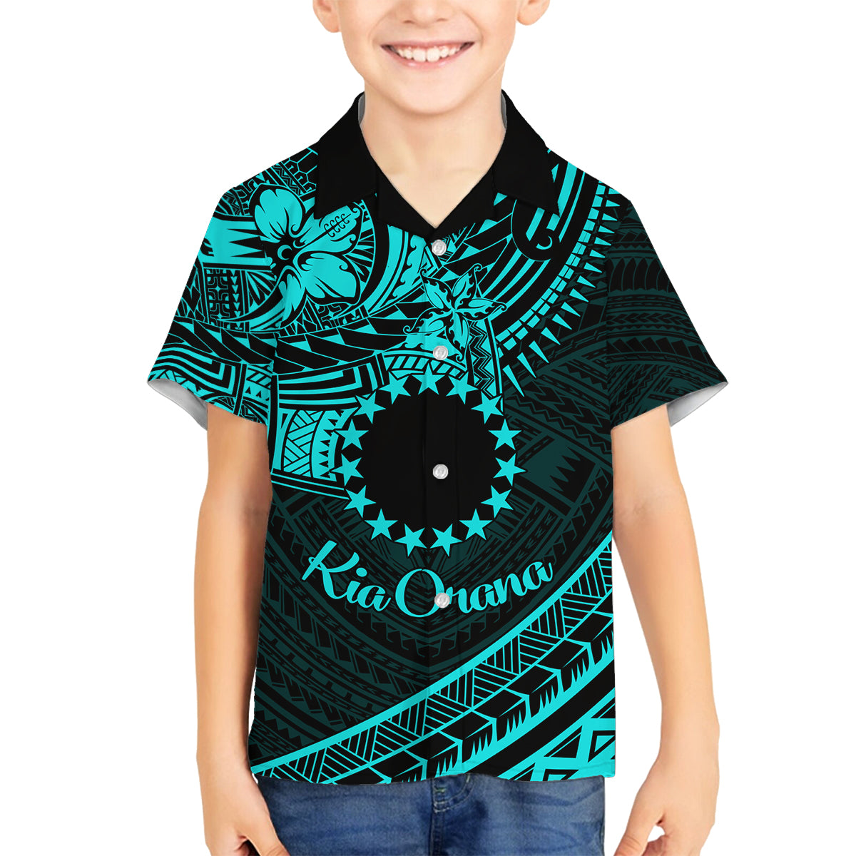 Kia Orana Cook Islands Family Matching Puletasi Dress and Hawaiian Shirt Circle Stars With Floral Turquoise Pattern LT01 Son's Shirt Turquoise - Polynesian Pride