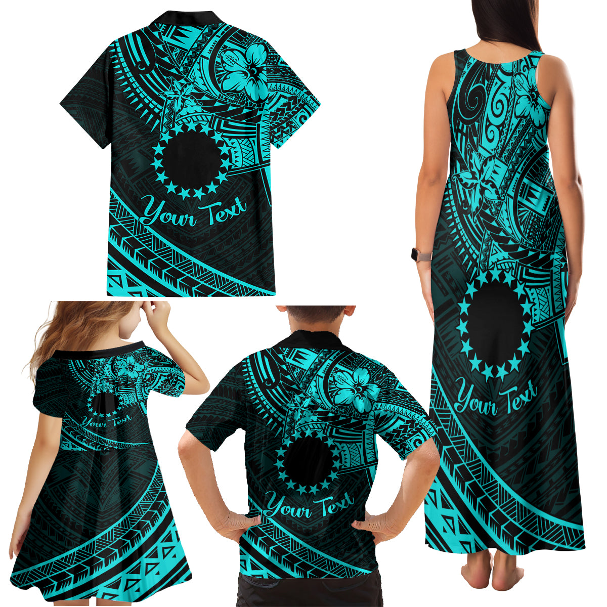 Kia Orana Cook Islands Family Matching Tank Maxi Dress and Hawaiian Shirt Circle Stars With Floral Turquoise Pattern LT01 - Polynesian Pride