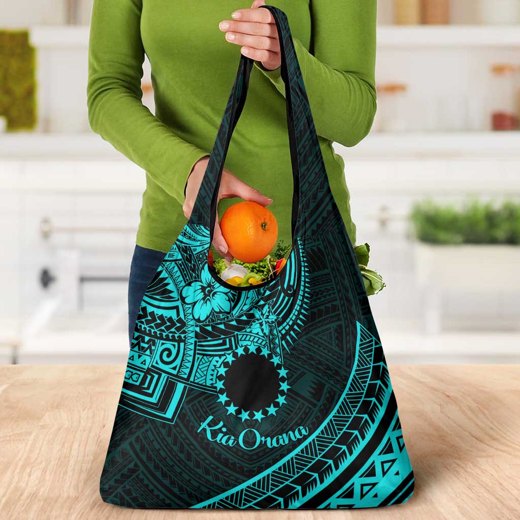 Kia Orana Cook Islands Grocery Bag Circle Stars With Floral Turquoise Pattern