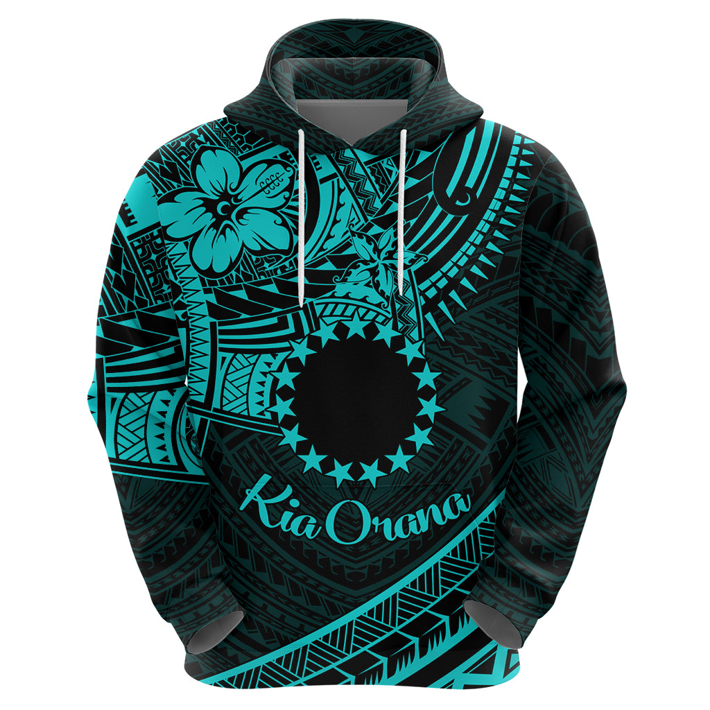 Kia Orana Cook Islands Hoodie Circle Stars With Floral Turquoise Pattern LT01 - Polynesian Pride