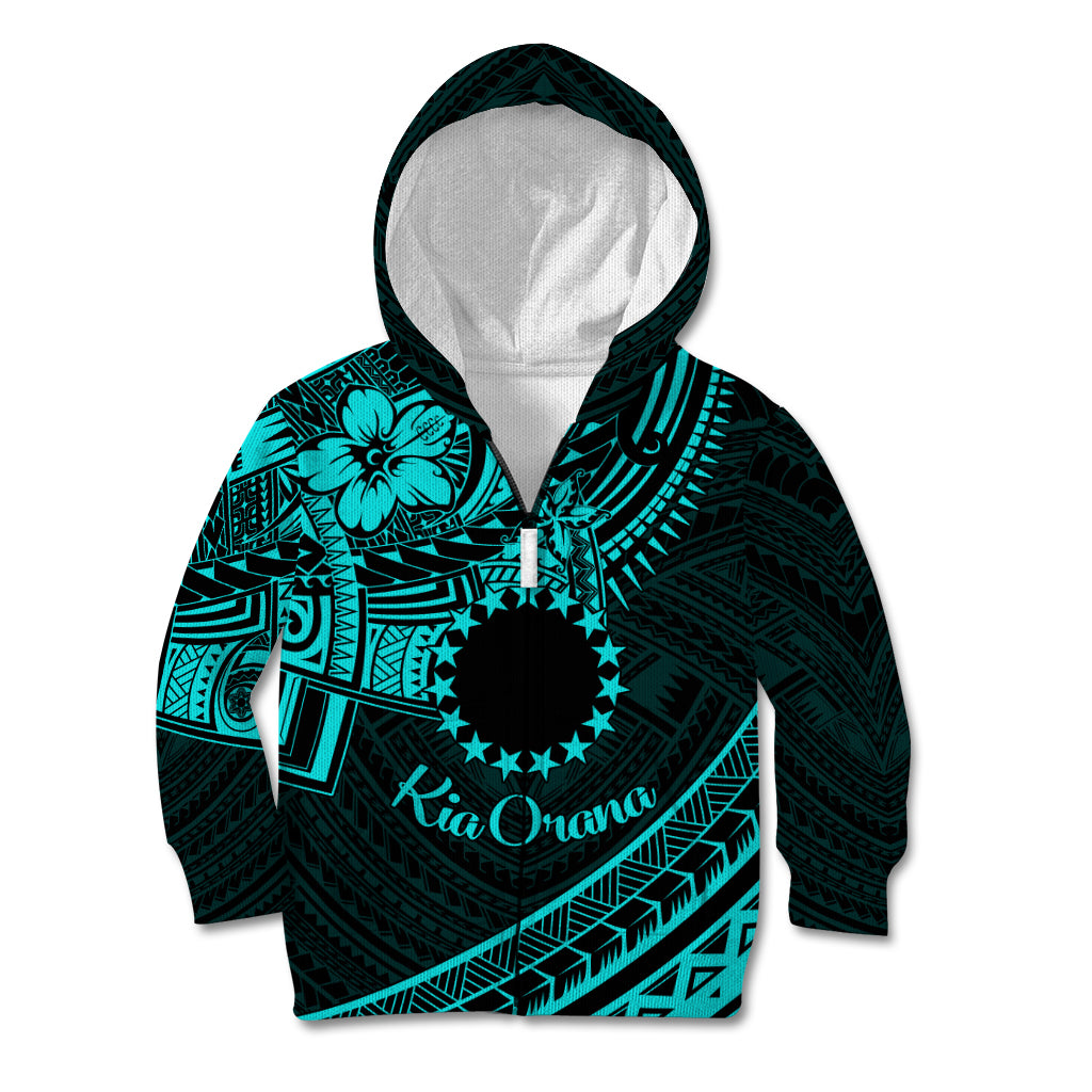 Kia Orana Cook Islands Kid Hoodie Circle Stars With Floral Turquoise Pattern LT01 Zip Hoodie Turquoise - Polynesian Pride