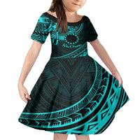 Kia Orana Cook Islands Kid Short Sleeve Dress Circle Stars With Floral Turquoise Pattern LT01 KID Turquoise - Polynesian Pride