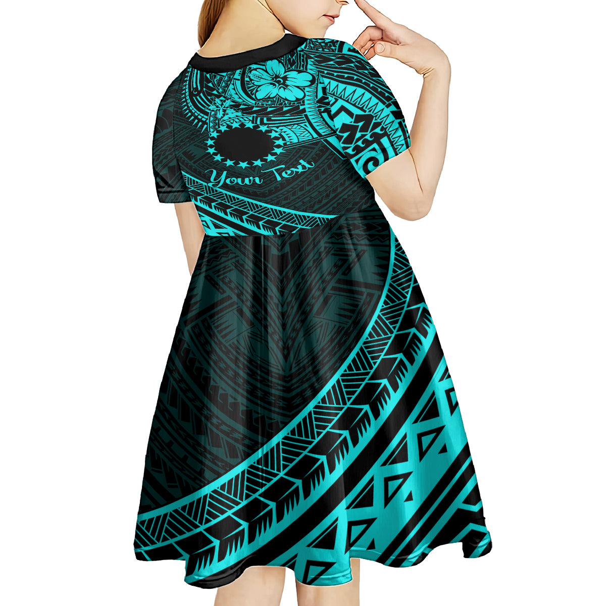 Kia Orana Cook Islands Kid Short Sleeve Dress Circle Stars With Floral Turquoise Pattern LT01 - Polynesian Pride