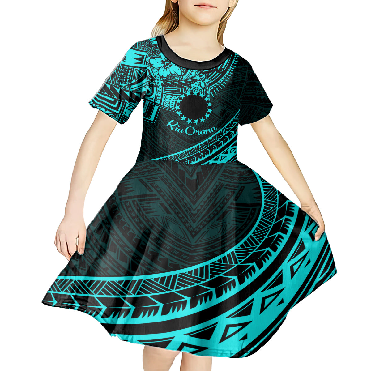 Kia Orana Cook Islands Kid Short Sleeve Dress Circle Stars With Floral Turquoise Pattern LT01 - Polynesian Pride