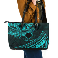 Kia Orana Cook Islands Leather Tote Bag Circle Stars With Floral Turquoise Pattern LT01 - Polynesian Pride