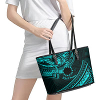 Kia Orana Cook Islands Leather Tote Bag Circle Stars With Floral Turquoise Pattern LT01 - Polynesian Pride