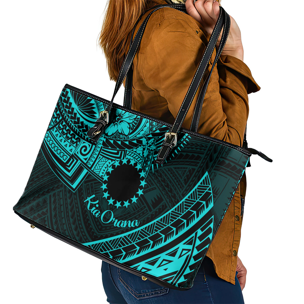 Kia Orana Cook Islands Leather Tote Bag Circle Stars With Floral Turquoise Pattern LT01 - Polynesian Pride