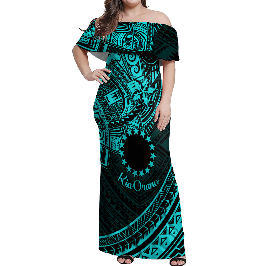 Kia Orana Cook Islands Off Shoulder Maxi Dress Circle Stars With Floral Turquoise Pattern LT01 Women Turquoise - Polynesian Pride