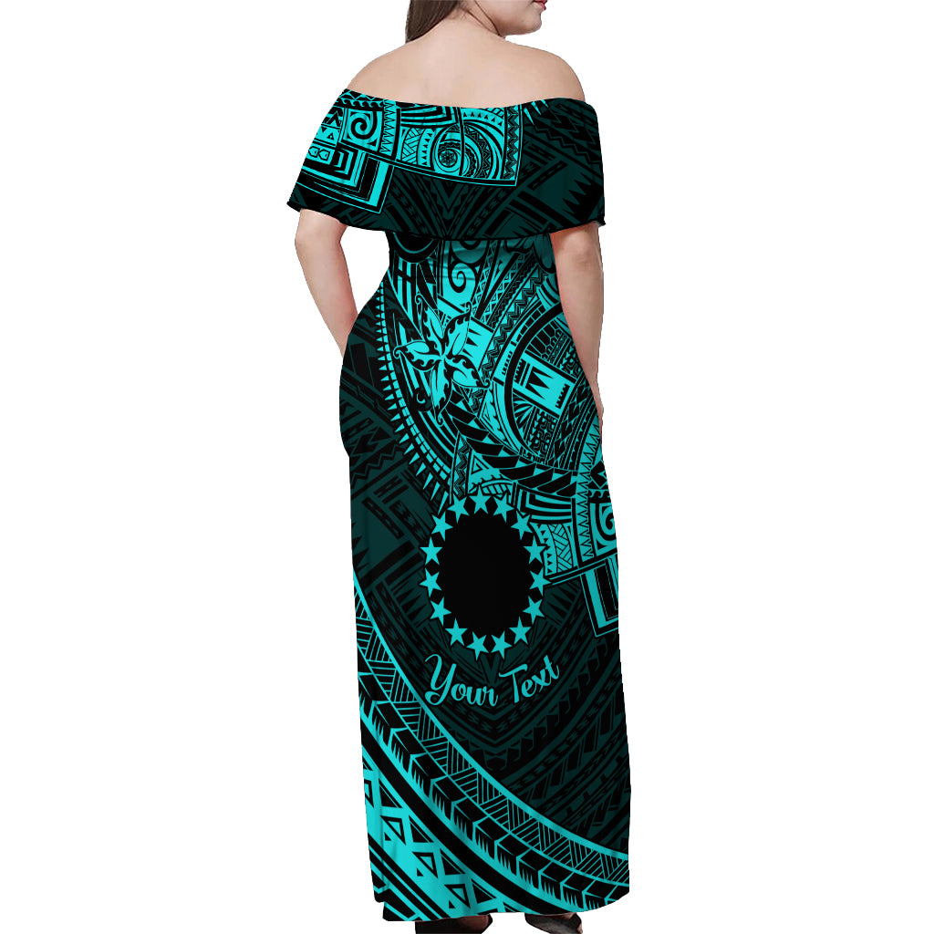 Kia Orana Cook Islands Off Shoulder Maxi Dress Circle Stars With Floral Turquoise Pattern LT01 - Polynesian Pride