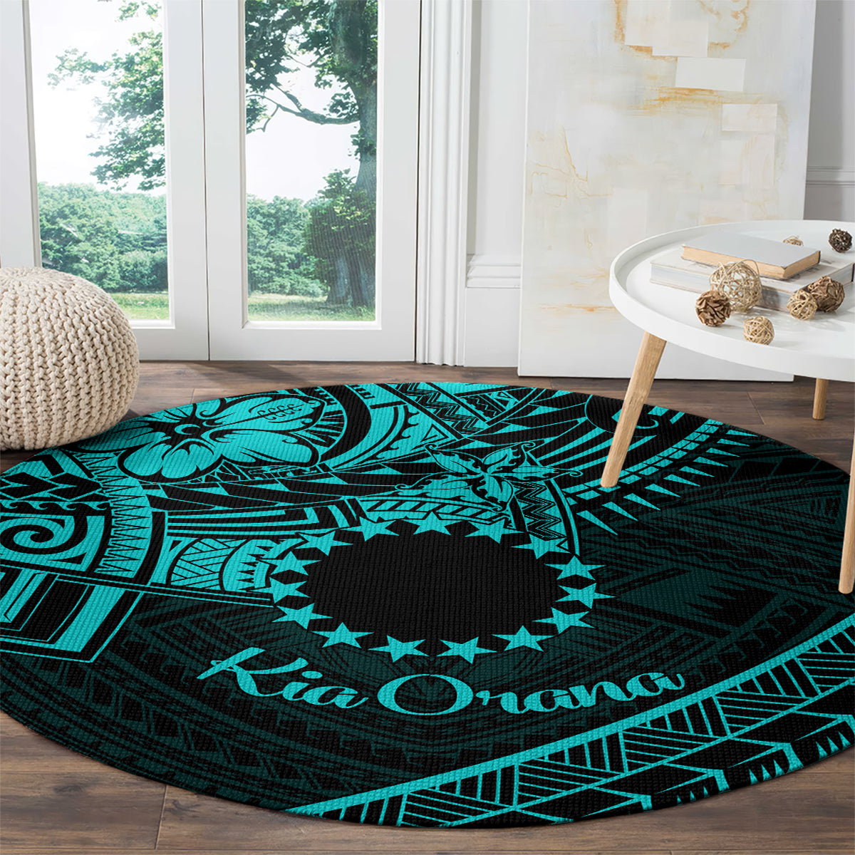 Kia Orana Cook Islands Round Carpet Circle Stars With Floral Turquoise Pattern LT01 - Polynesian Pride