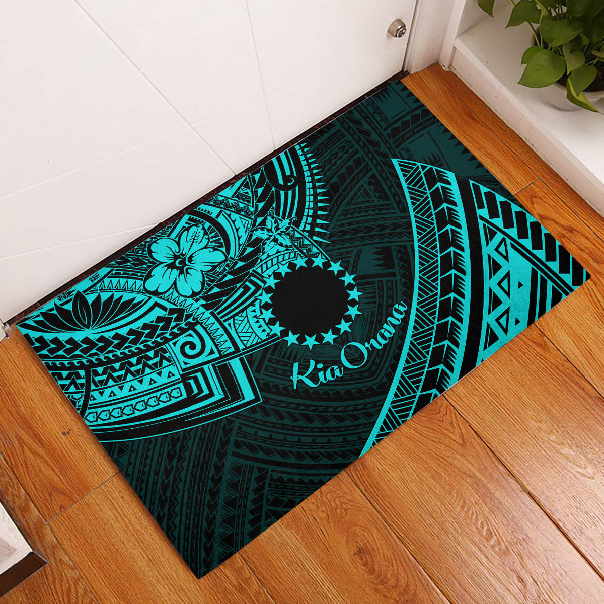 Kia Orana Cook Islands Rubber Doormat Circle Stars With Floral Turquoise Pattern LT01 Turquoise - Polynesian Pride