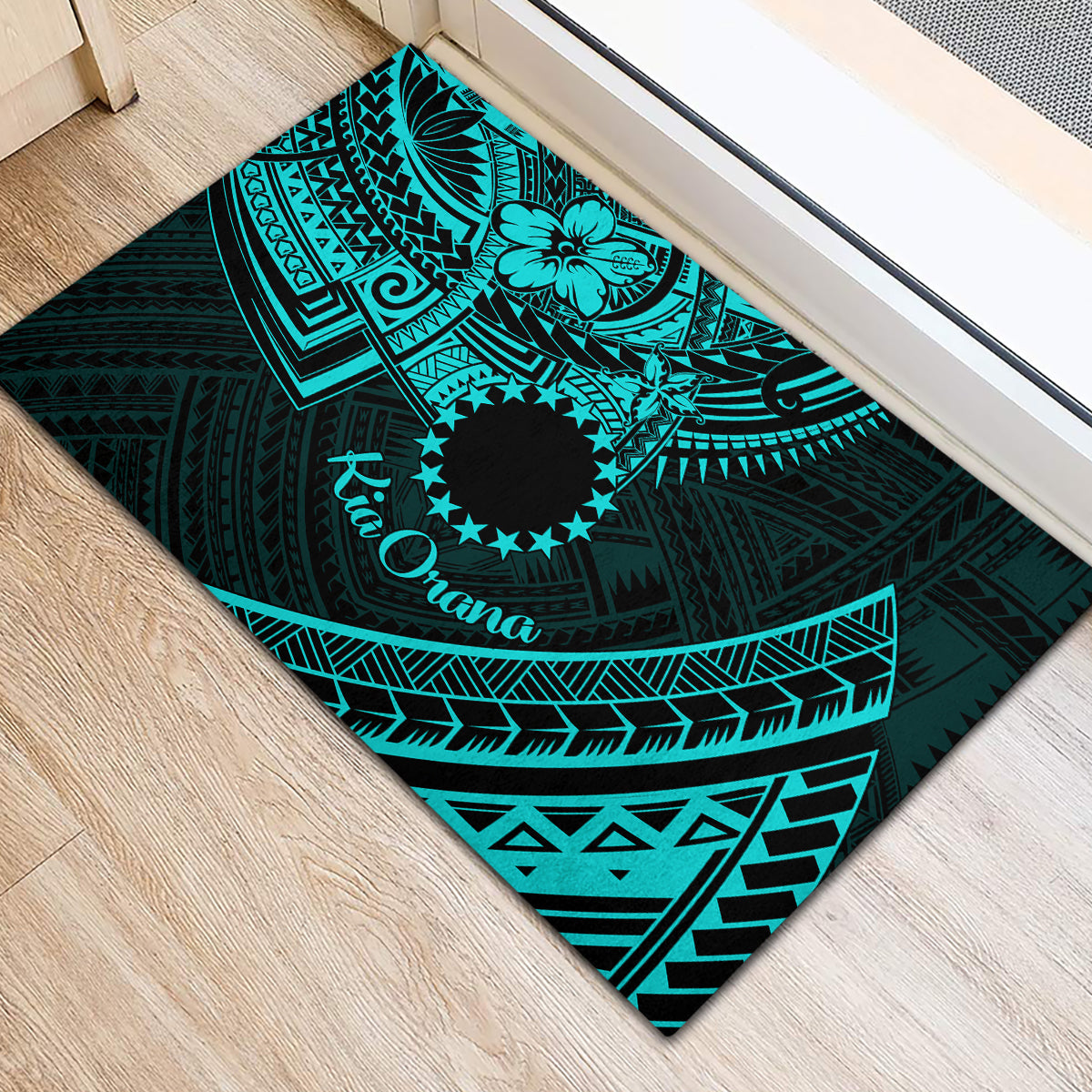 Kia Orana Cook Islands Rubber Doormat Circle Stars With Floral Turquoise Pattern LT01 - Polynesian Pride