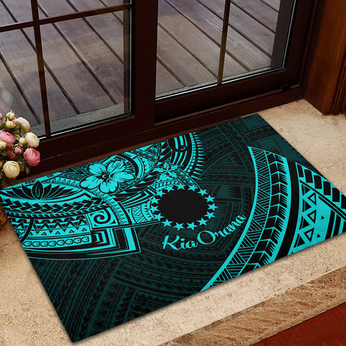 Kia Orana Cook Islands Rubber Doormat Circle Stars With Floral Turquoise Pattern LT01 - Polynesian Pride