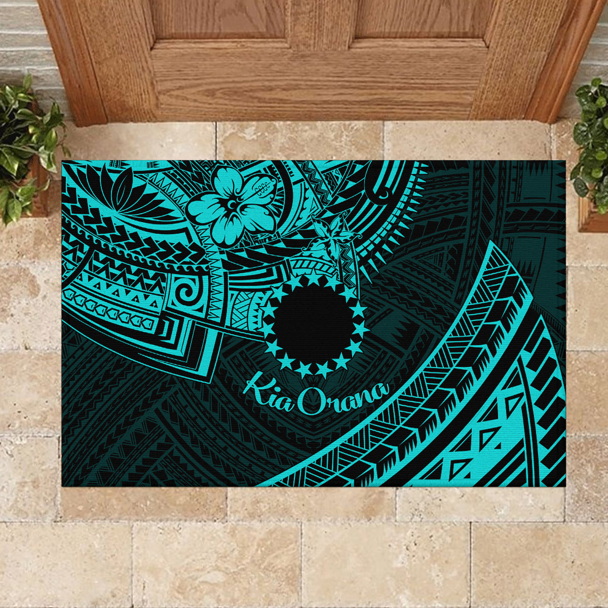 Kia Orana Cook Islands Rubber Doormat Circle Stars With Floral Turquoise Pattern LT01 - Polynesian Pride