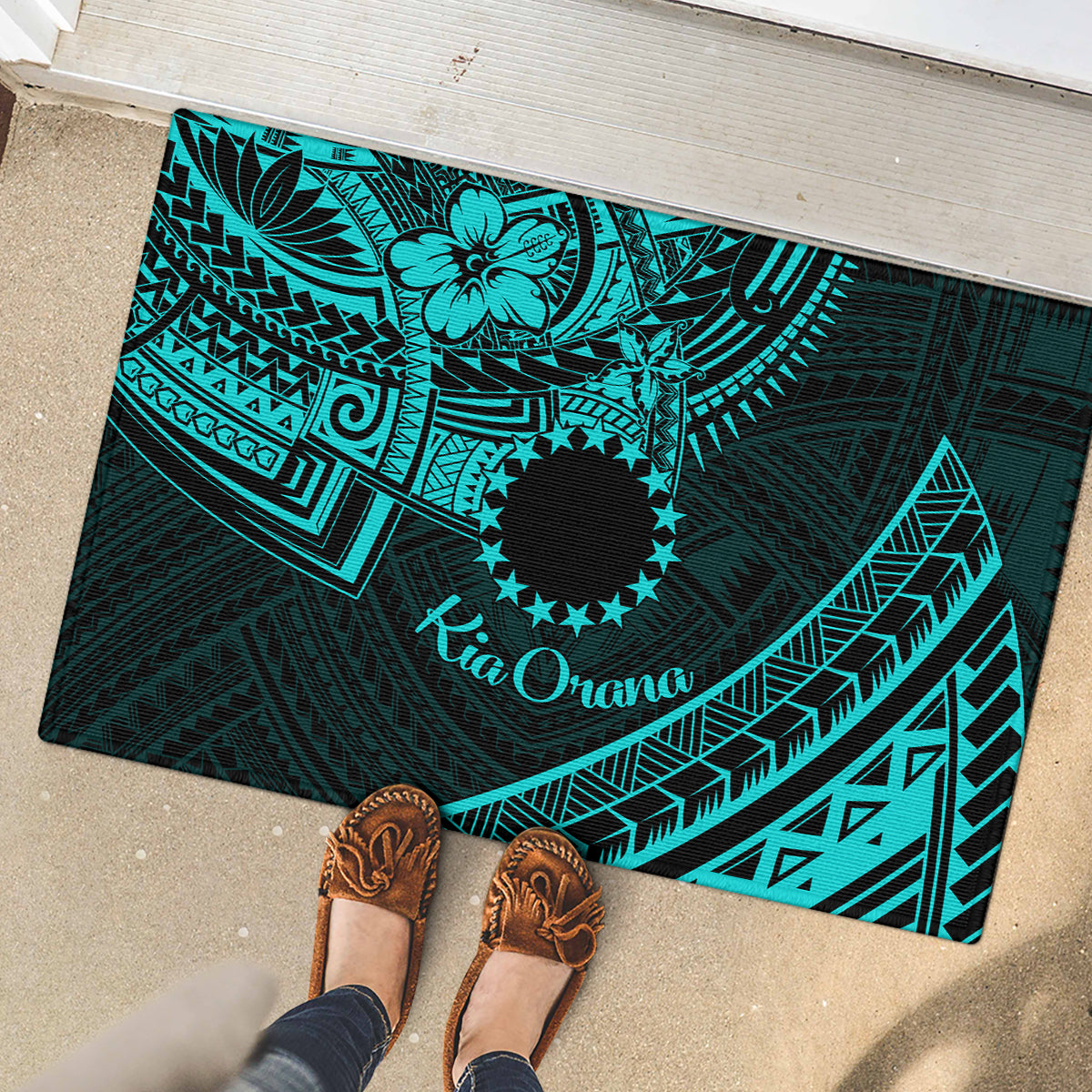 Kia Orana Cook Islands Rubber Doormat Circle Stars With Floral Turquoise Pattern LT01 - Polynesian Pride