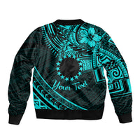 Kia Orana Cook Islands Sleeve Zip Bomber Jacket Circle Stars With Floral Turquoise Pattern LT01 - Polynesian Pride