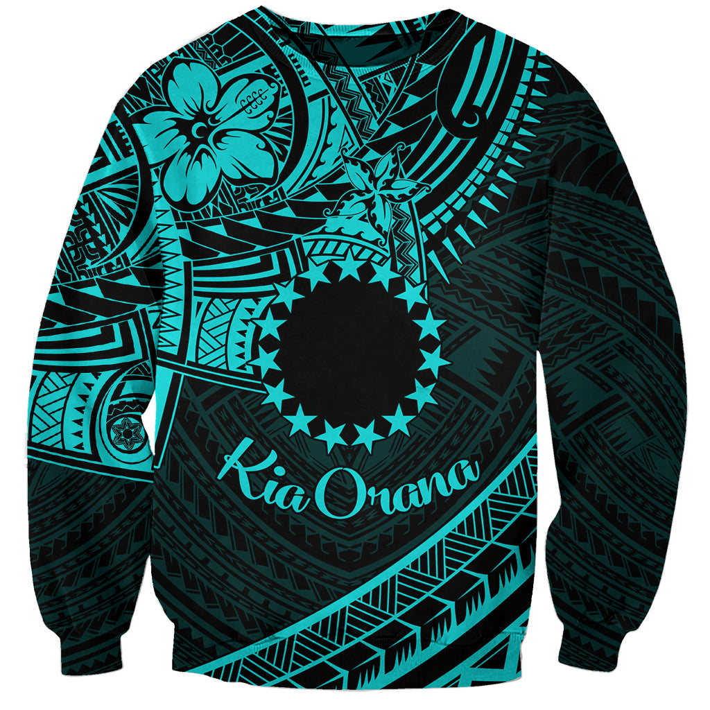 Kia Orana Cook Islands Sweatshirt Circle Stars With Floral Turquoise Pattern LT01 Unisex Turquoise - Polynesian Pride