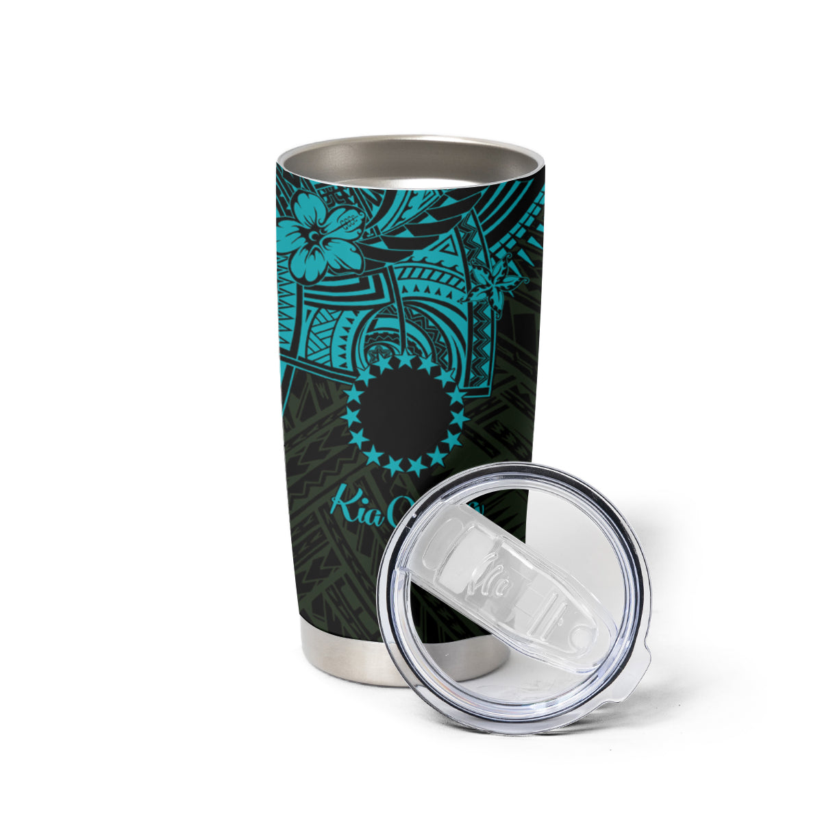 Kia Orana Cook Islands Tumbler Cup Circle Stars With Floral Turquoise Pattern