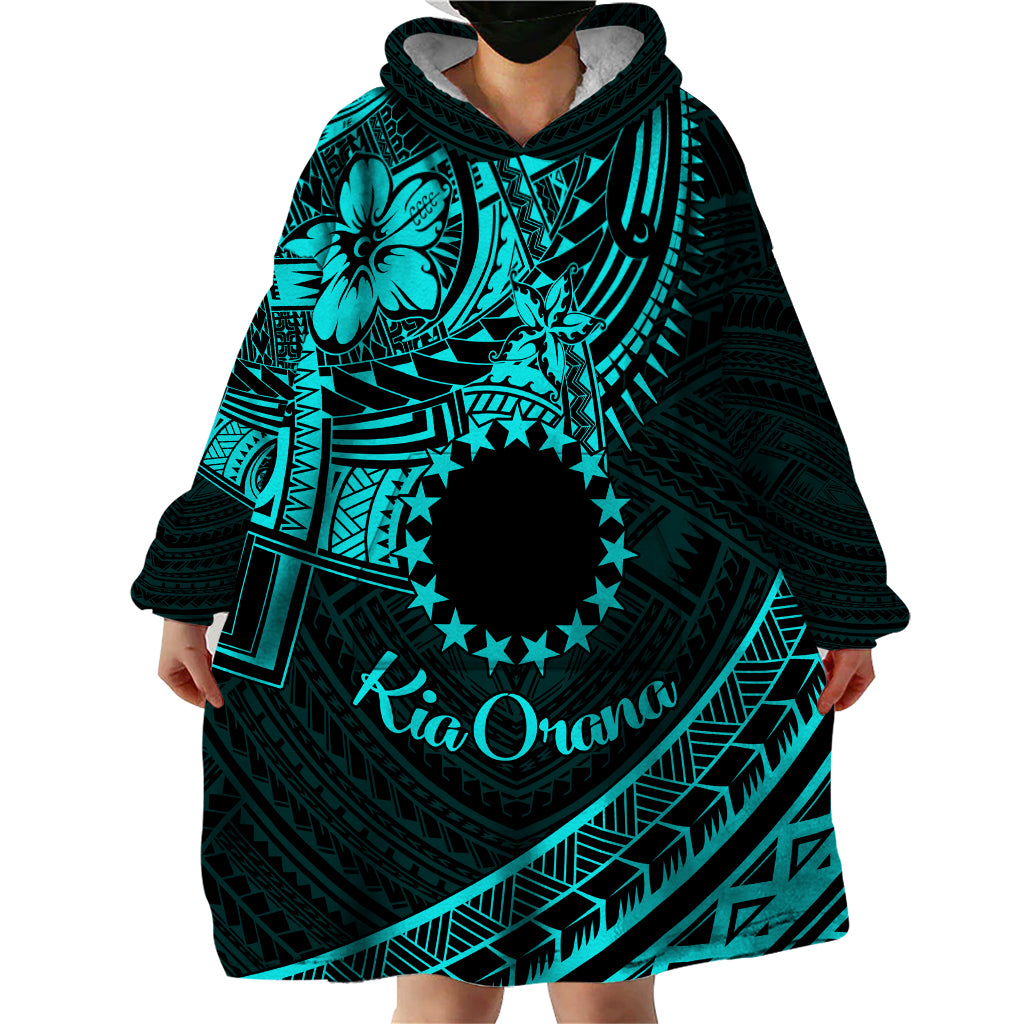 Kia Orana Cook Islands Wearable Blanket Hoodie Circle Stars With Floral Turquoise Pattern LT01 - Polynesian Pride