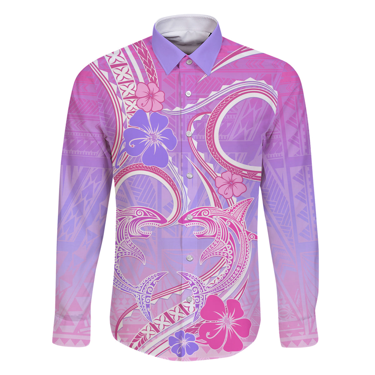 Polynesian Shark Valentine Family Matching Mermaid Dress and Hawaiian Shirt Sweet Unique Version LT01 Dad's Shirt - Long Sleeve Pink - Polynesian Pride