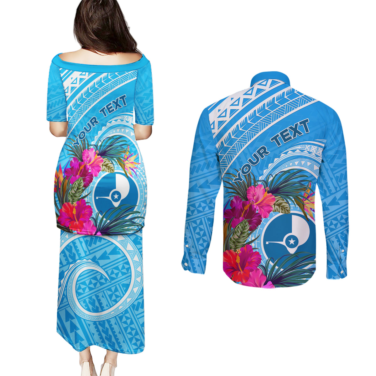 Yap Day Couples Matching Puletasi and Long Sleeve Button Shirt Nam nu Waqab Tropical Flower LT01 - Polynesian Pride