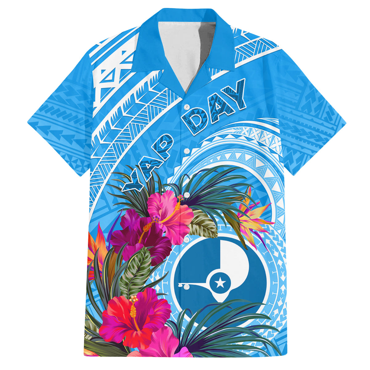 Yap Day Family Matching Tank Maxi Dress and Hawaiian Shirt Nam nu Waqab Tropical Flower LT01 Dad's Shirt - Short Sleeve Blue - Polynesian Pride