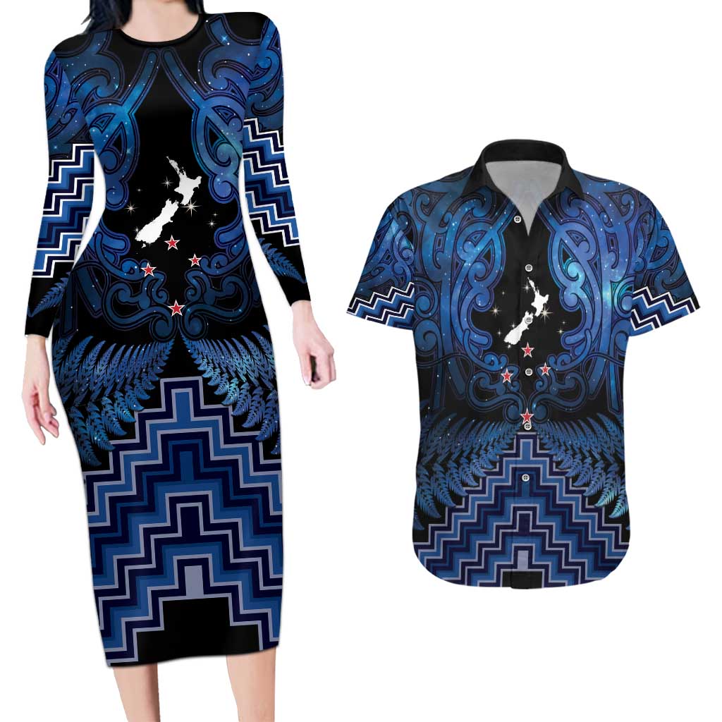 Personalised Aotearoa Matariki Couples Matching Long Sleeve Bodycon Dress and Hawaiian Shirt Blue Fern Maori Poutama