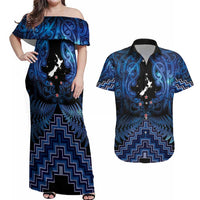Personalised Aotearoa Matariki Couples Matching Off Shoulder Maxi Dress and Hawaiian Shirt Blue Fern Maori Poutama