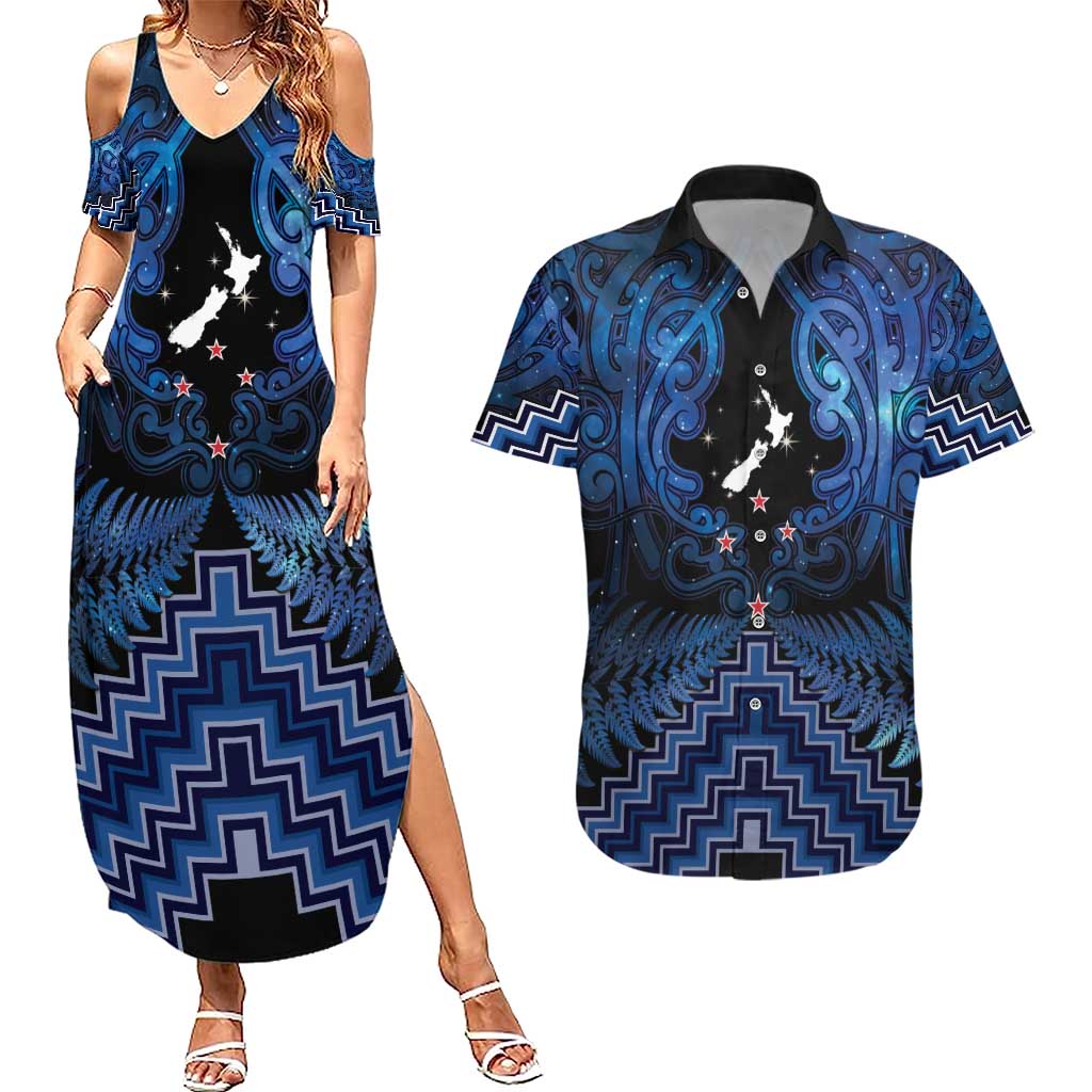 Personalised Aotearoa Matariki Couples Matching Summer Maxi Dress and Hawaiian Shirt Blue Fern Maori Poutama