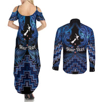 Personalised Aotearoa Matariki Couples Matching Summer Maxi Dress and Long Sleeve Button Shirt Blue Fern Maori Poutama