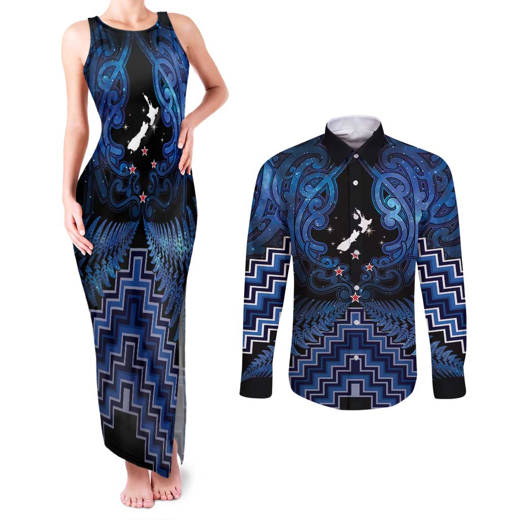 Personalised Aotearoa Matariki Couples Matching Tank Maxi Dress and Long Sleeve Button Shirt Blue Fern Maori Poutama