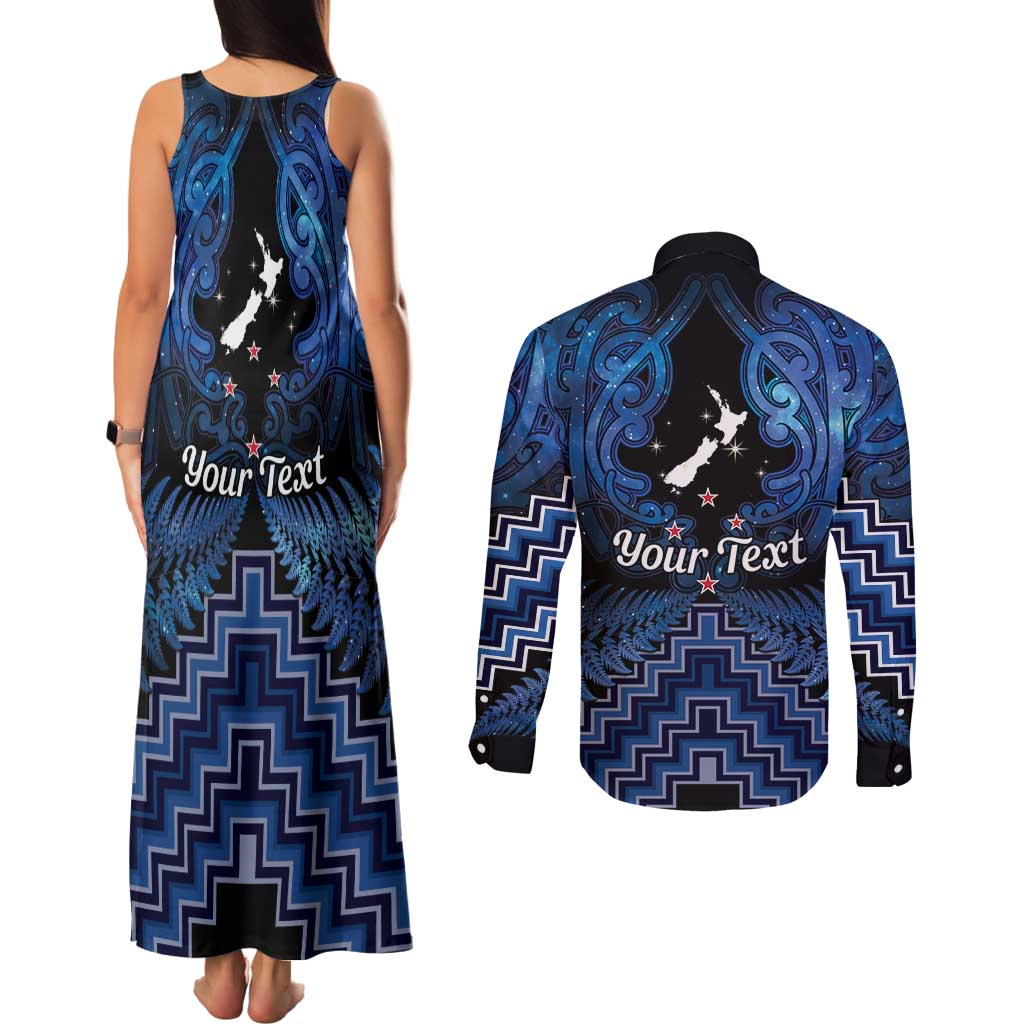 Personalised Aotearoa Matariki Couples Matching Tank Maxi Dress and Long Sleeve Button Shirt Blue Fern Maori Poutama